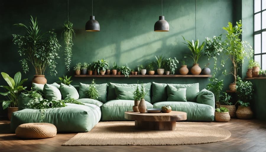 Peaceful living room with natural color palette and CBD-inspired design elements