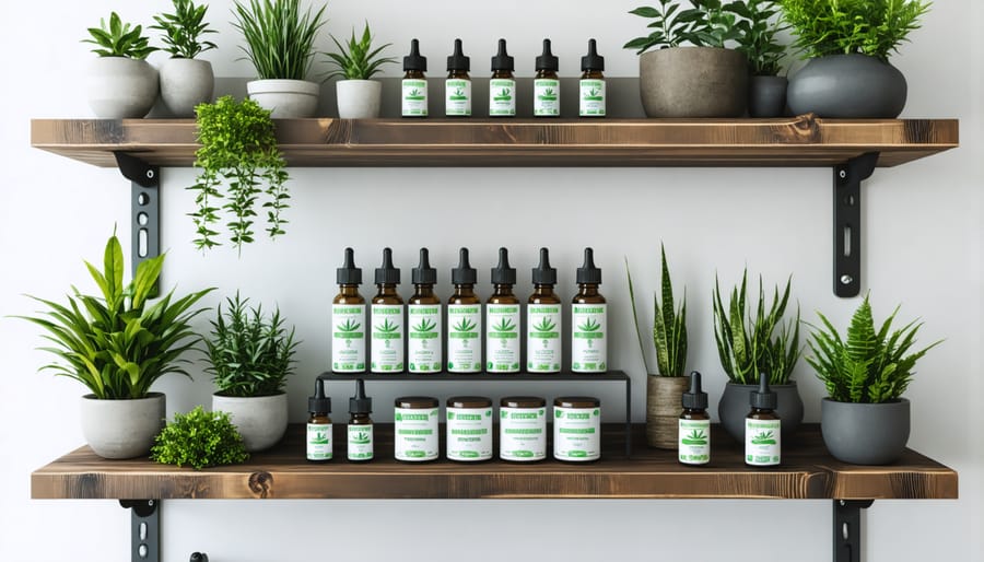 Modern wellness station featuring organized CBD products and botanical elements