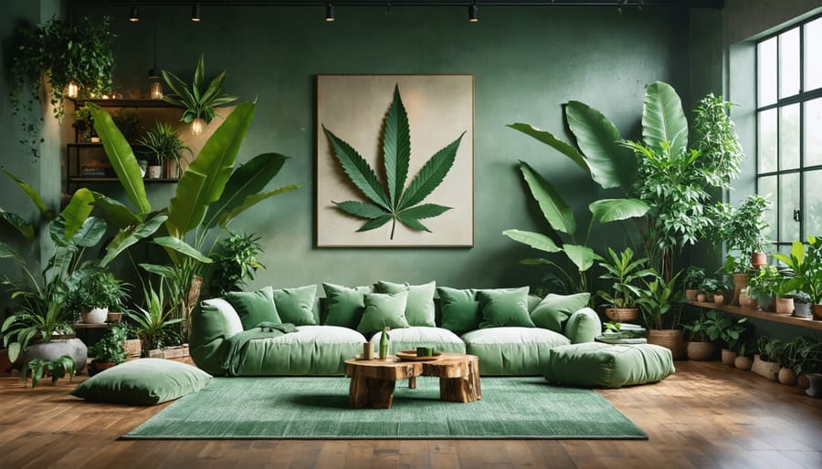 A serene living room with earth-toned walls, green accents, plush seating, and ambient lighting, featuring natural elements and CBD-inspired design motifs.