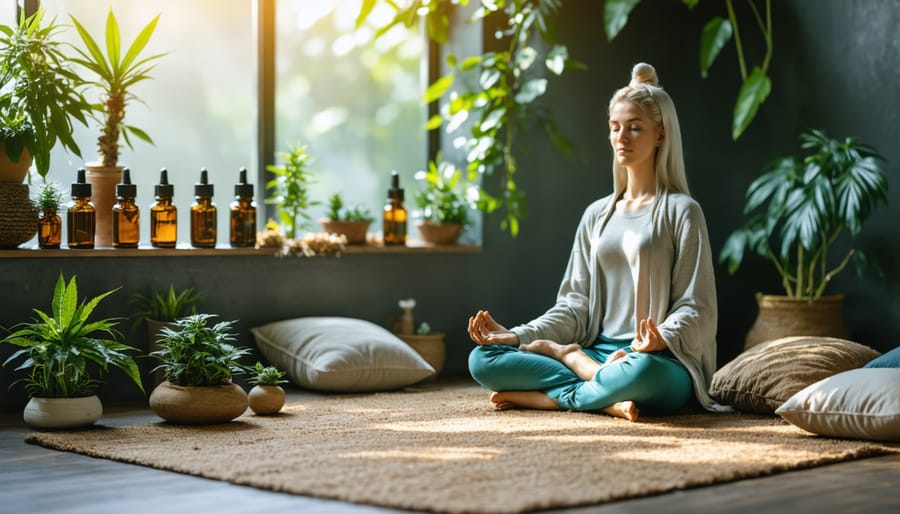 Mindfully designed meditation space with wellness elements and CBD storage