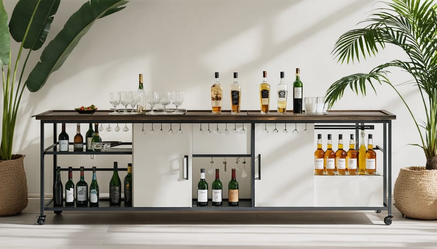 Elegant bar cart with decorative storage boxes in modern living room