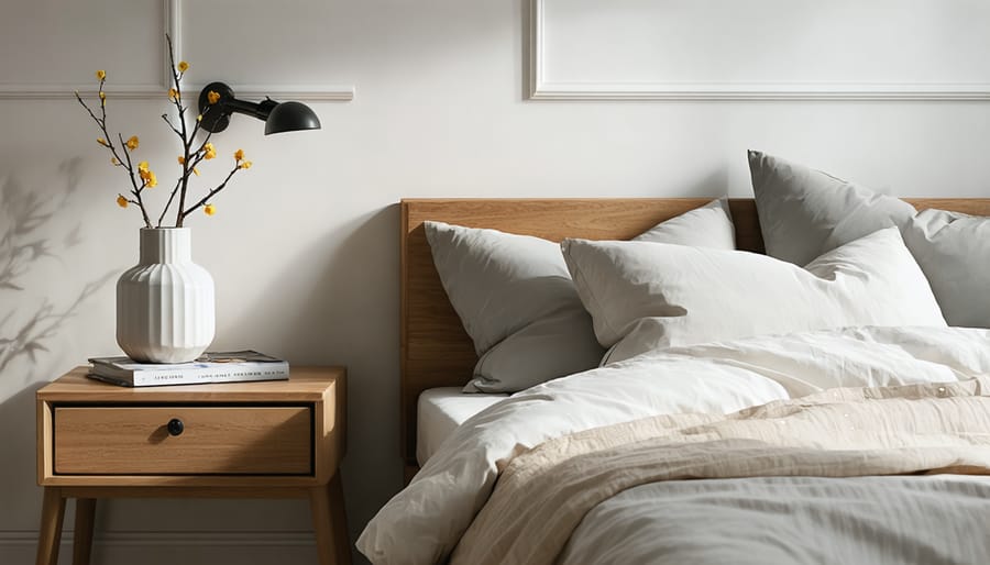 Modern wooden bedside table with open drawer in contemporary bedroom setting