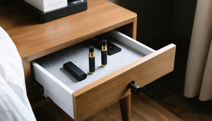 Felt-lined drawer in a modern wooden nightstand slightly open to reveal neatly organized, unlabeled THCa vape cartridges in a tray, lit by soft natural daylight, with a blurred decorative box on a shelf and an upholstered storage bench in the background.