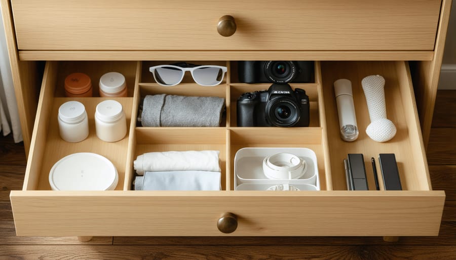 Overhead view of organized drawer with bamboo divider inserts