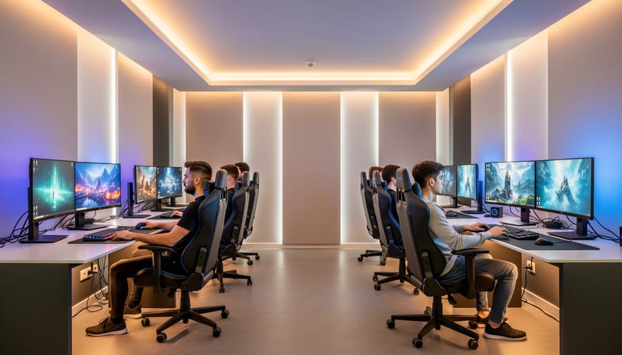 Modern gaming lounge interior with ambient LED lighting in purple and blue tones