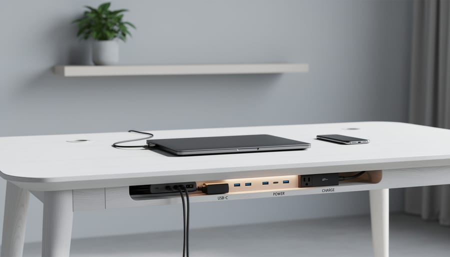 Clean cable management and integrated charging stations in gaming lounge desk