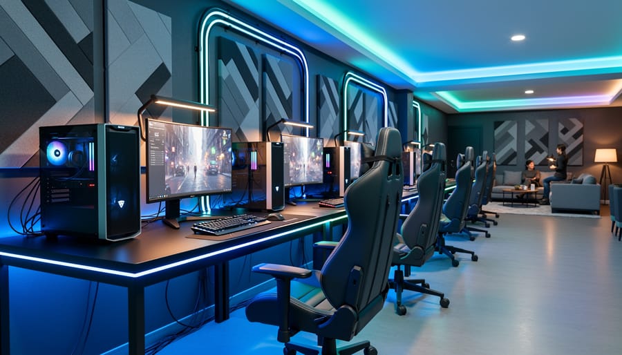 Eye-level wide view of a modern esports lounge with hardwired PC stations, tidy cable management, ergonomic chairs, layered dimmable and LED lighting, and acoustic panels, with a flexible social area in the background.