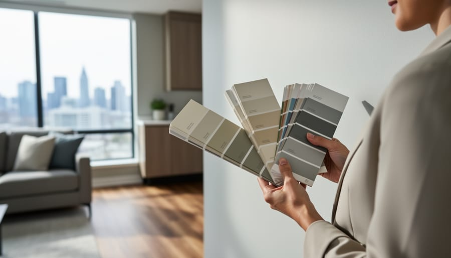 Color consultant holding large paint sample boards and a fan deck against a living room wall near a big window under overcast daylight, with blurred sofa, wood floors, cabinetry, and a faint Calgary skyline visible outside