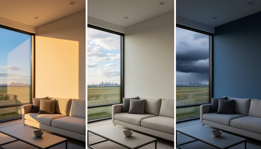 Paint color swatches on wall in Calgary home with natural prairie sunlight