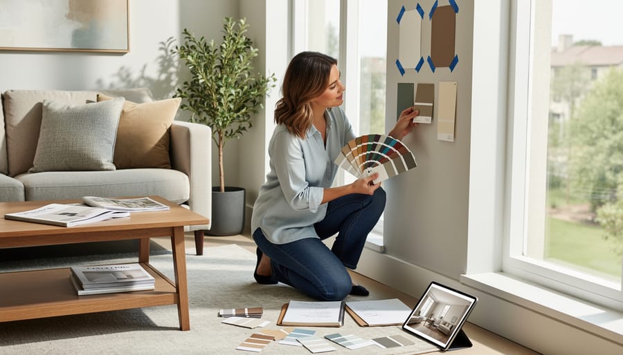 Color consultant testing paint samples on wall during in-home consultation