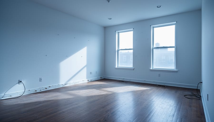 Empty vacant apartment living room with white walls and hardwood floors showing uninviting bare space