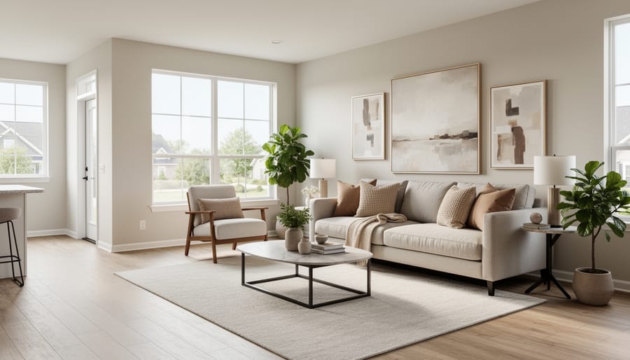 Side-by-side comparison of empty room versus same room with virtual staging showing modern furniture