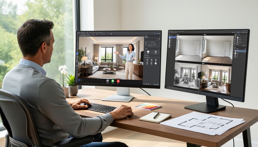 Property owner reviewing virtual staging designs on laptop computer at home