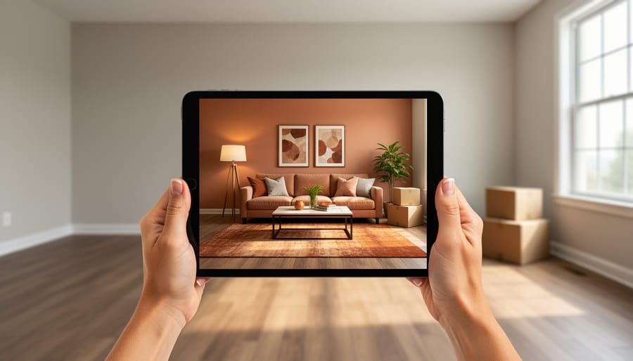 Tablet showing a digitally furnished living room held in front of the same room empty, with wood floors, neutral walls, a large window, and a few moving boxes in soft natural daylight.