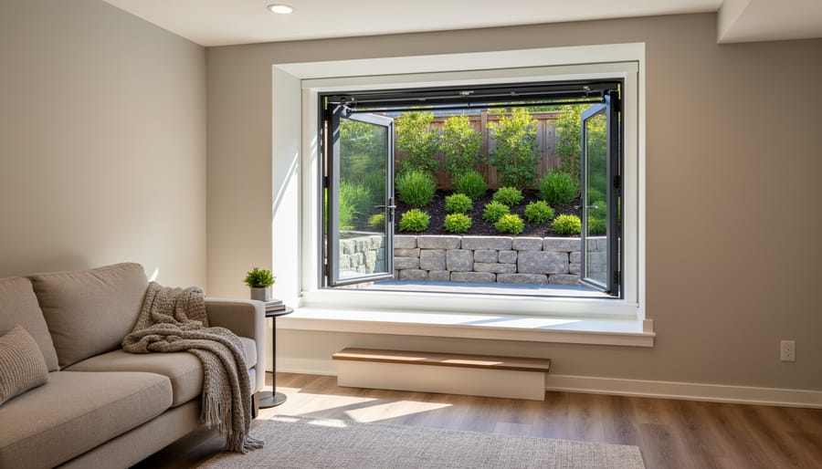Modern basement egress window with natural light illuminating contemporary bedroom interior