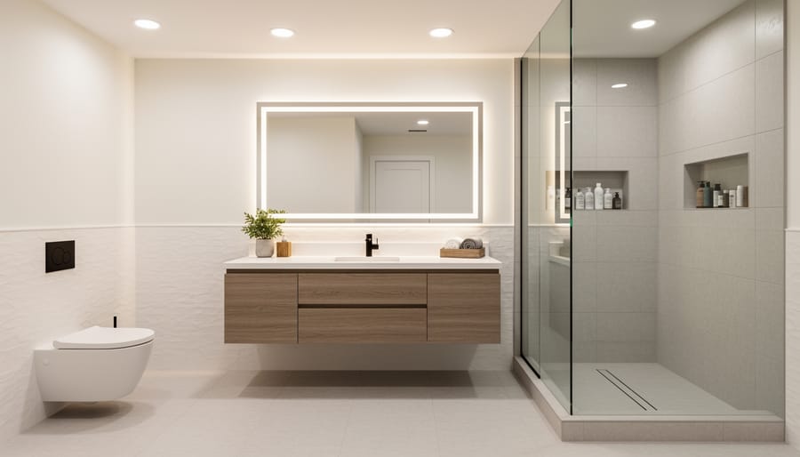 Modern basement suite bathroom with gray tile and glass shower enclosure