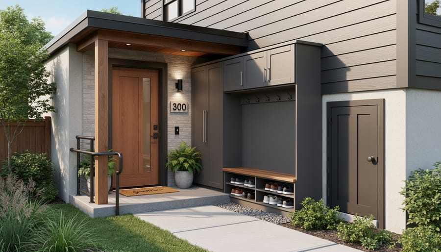 Modern basement suite entrance with storage bench and warm lighting