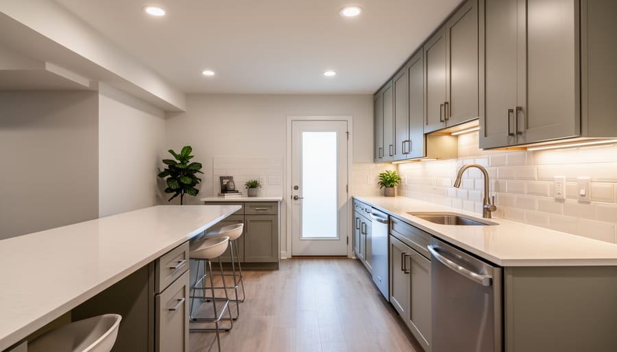 Contemporary compact basement kitchen with white cabinets and efficient galley layout
