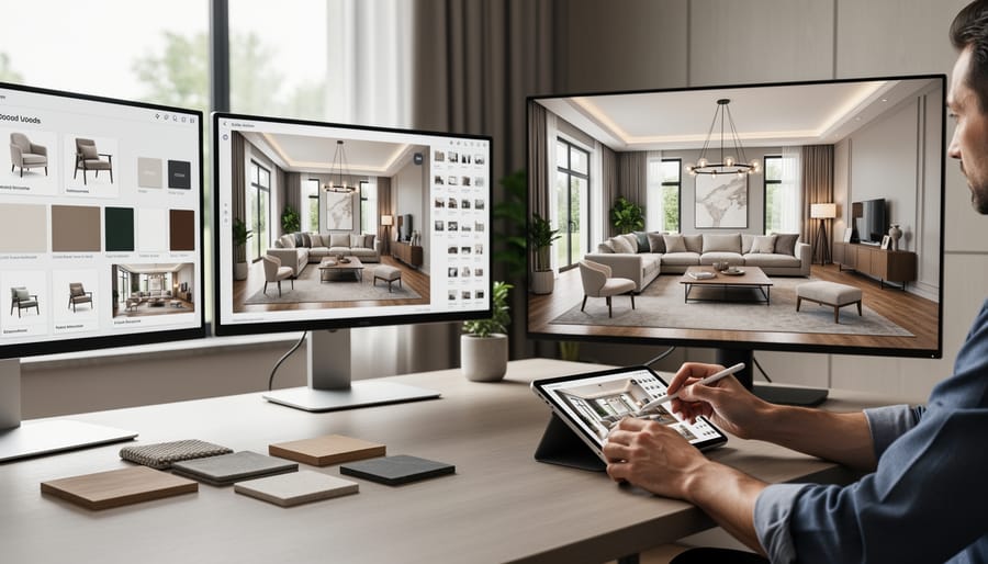 Digital tablet showing 3D room rendering next to physical design materials and color swatches