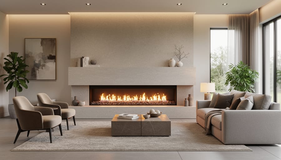 Elegantly designed fireplace with marble surround and wood mantel in contemporary living room