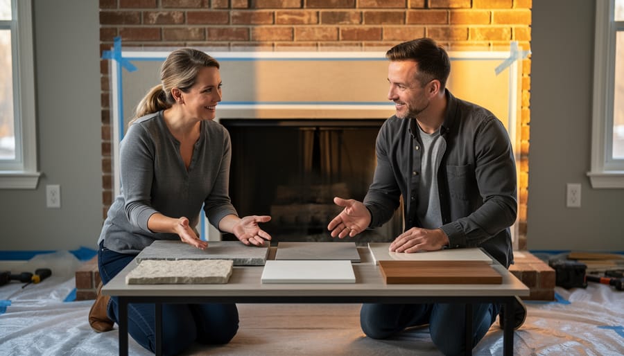 Homeowner and design consultant kneel by a hearth, reviewing stone, tile, and wood mantel samples on a coffee table before a partially restored brick fireplace, with tools and a taped surround outline softly blurred in the background.