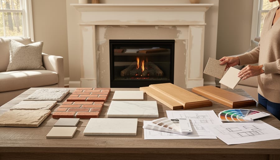 Various fireplace material samples including stone, tile and wood displayed on design plans