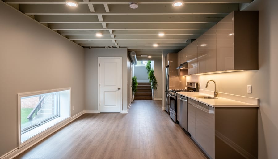 Renovated basement legal suite with a low egress window, compact galley kitchen with reflective cabinets, exposed painted ceiling joists, and a separate exterior door leading to a lit stairwell, in warm earth tones and cool gray finishes.