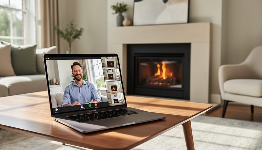 Person participating in virtual fireplace design consultation on tablet device