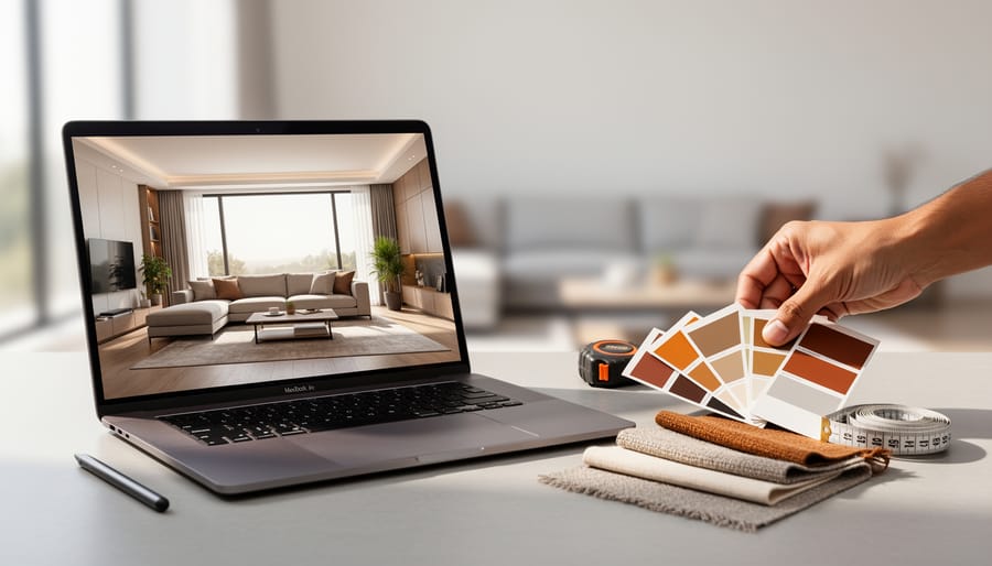 Laptop showing a 3D interior rendering on a desk with fabric swatches, paint chips, tape measure, and stylus, while a bright, modern living room with a blank wall is softly blurred in the background.