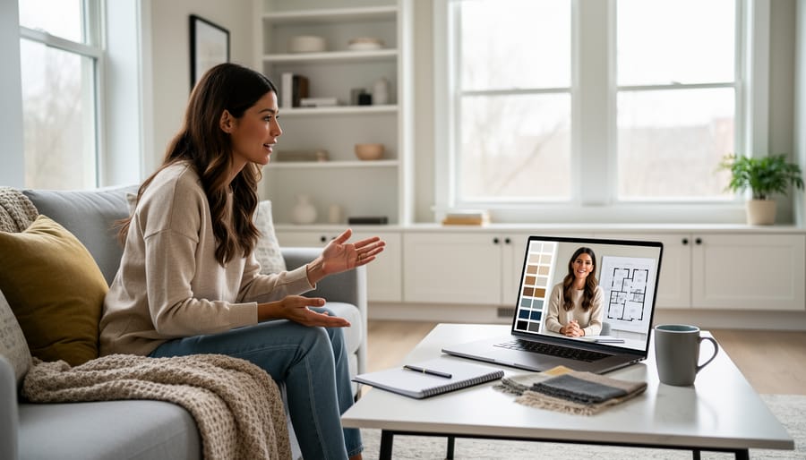 Client having virtual consultation video call with interior designer on laptop