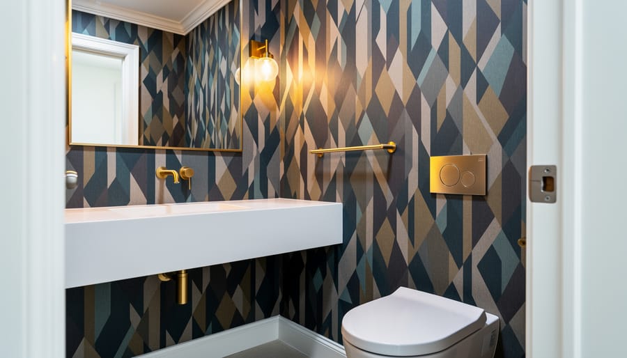 Bold geometric wallpaper in a modern powder room with a black vanity and brushed brass fixtures