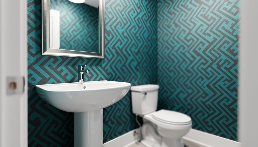 A small modern powder room with bold teal-and-charcoal patterned wallpaper accent wall and a white pedestal sink with a chrome faucet.