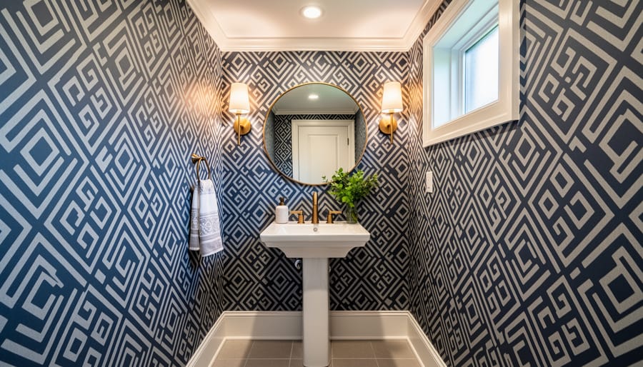 Completed powder room featuring bold tropical wallpaper with coordinated towels and vanity accessories