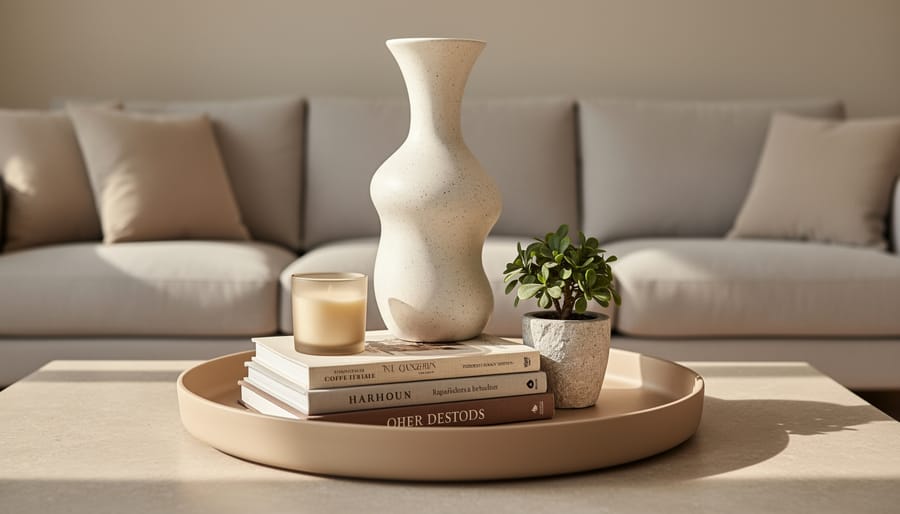 A modern living-room coffee table styled with a tray and book stack, a tall vase sculpture, and small decor accents like a candle and mini plant.