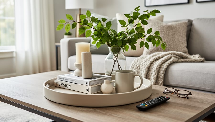 Designer-styled coffee table with a tray, stacked books, small vase, candle, greenery, and a remote in a living room.