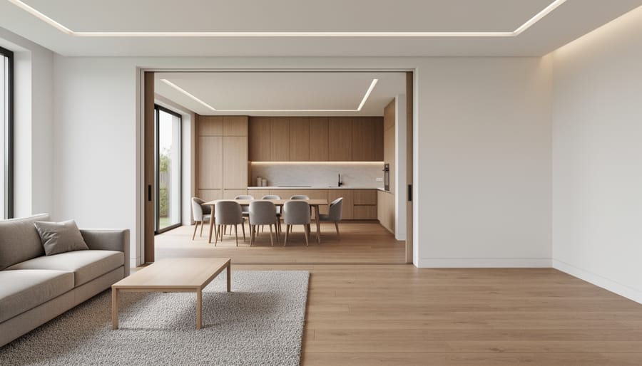 Hallway transition connecting rooms with consistent flooring and calming neutral tones