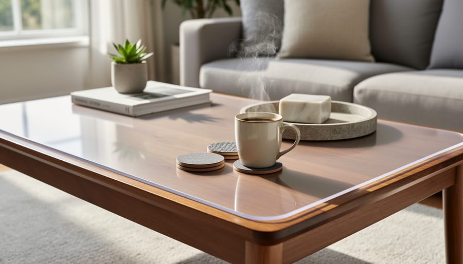 Hands setting down coasters and a decorative tray on a light wood coffee table to protect the surface.