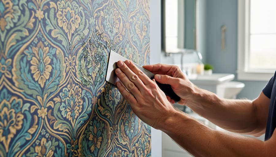 Hands smoothing bold wallpaper onto a wall in a powder room during installation