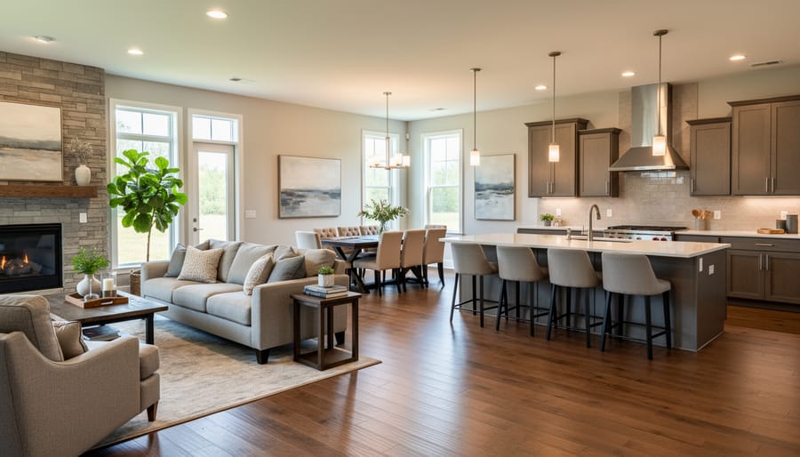 Open-concept living room with kitchen, dining, and seating areas coordinated for seamless visual flow
