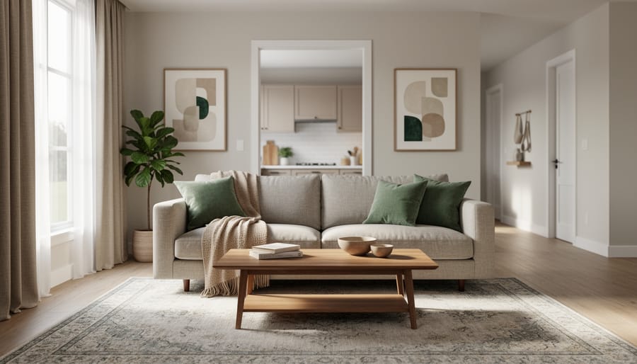 Bright modern living room with coordinated sofa, rug, wood coffee table, curtains, and art flowing naturally into an open kitchen for a seamless design look.