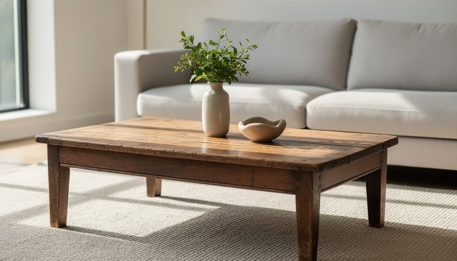Antique-style coffee table with a centered tray and carefully spaced decor leaving clear space for everyday use.