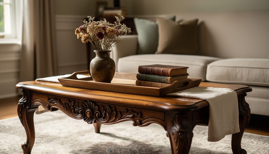 An antique carved walnut coffee table styled with a protective tray, vintage books, and a ceramic vase in a warmly lit living room.