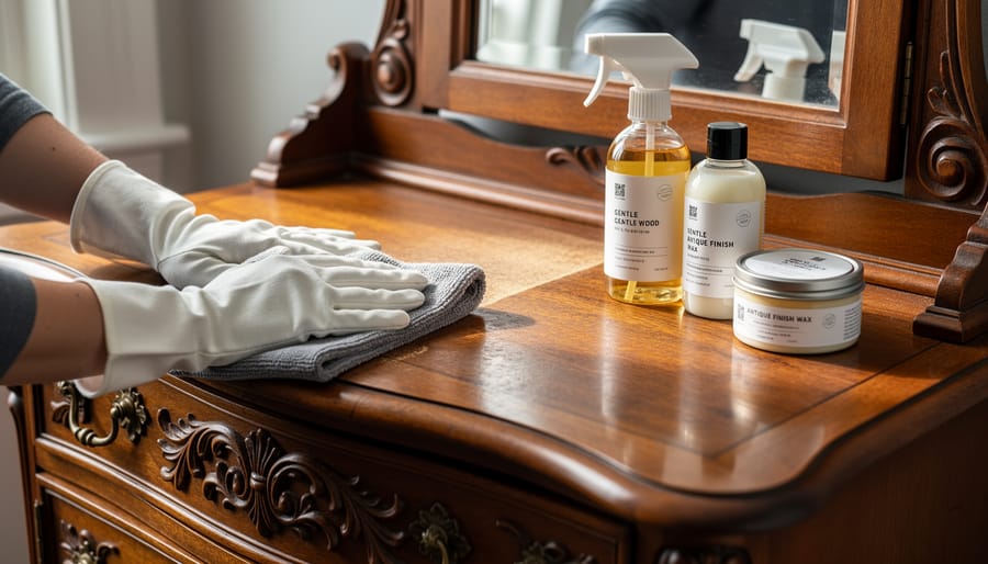 Microfiber cloth wiping the wood grain of an antique coffee table with gentle cleaner nearby.