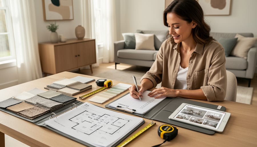 Person organizing room photos, measurements, and a mood board materials on a dining table.