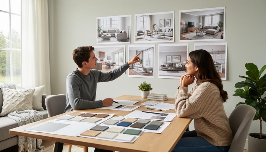 Home office with a stack of inspiration photos on a desk under warm side lighting.