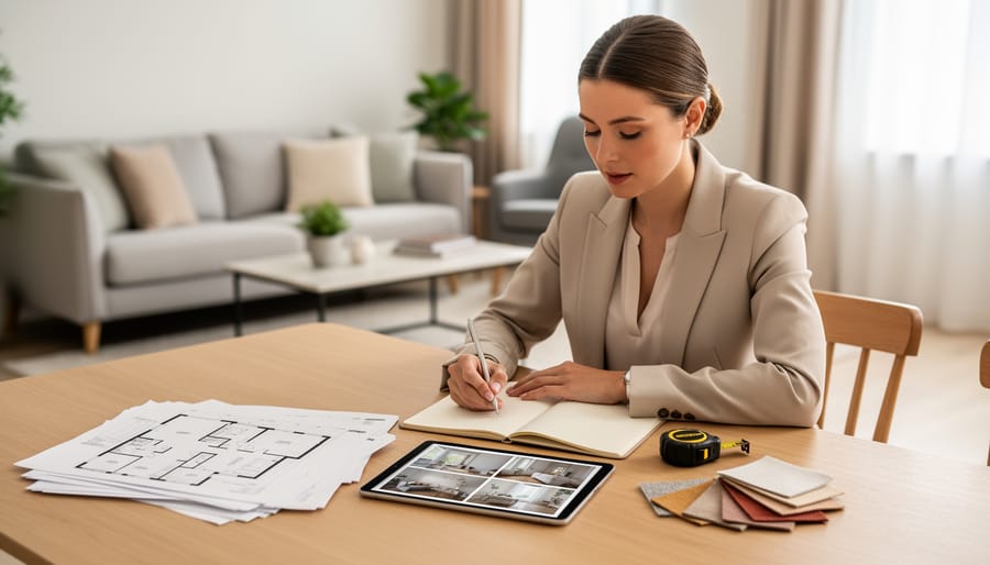 Client and interior designer reviewing a design brief with a notebook, printed materials, swatches, and a tape measure at a dining table in a bright home.