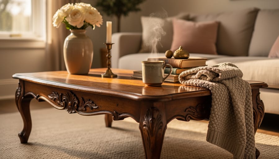 Antique coffee table styled with a brass tray, vintage books, a candle, and greenery in a cozy living room.
