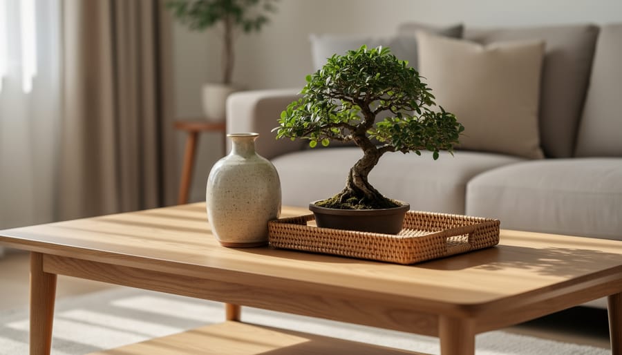 Minimal Asian-inspired coffee table with a ceramic vase, small bonsai, and handmade tray arranged with negative space in a neutral living room.