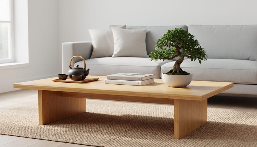 Low Japanese-style coffee table styled with a ceramic incense holder, lacquer tray, art books, ikebana, and river stones