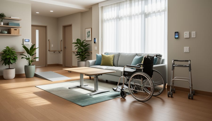 Wheelchair user in an accessible kitchen and living area with clear pathways and comfortable furniture placement